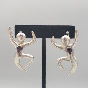 Modernist Dancer Figural Woman .925 Sterling Silver Earrings Purple Stone